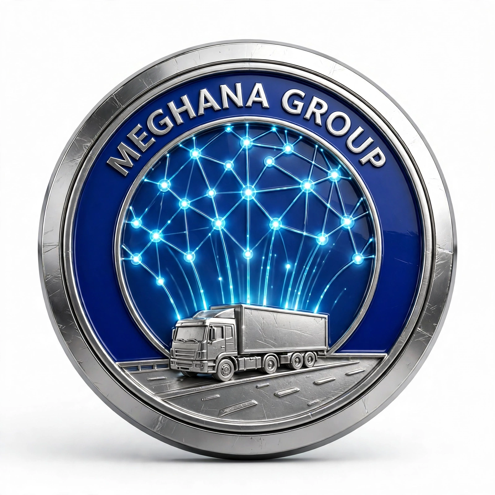 Meghana Group metallic badge with truck and fibre network