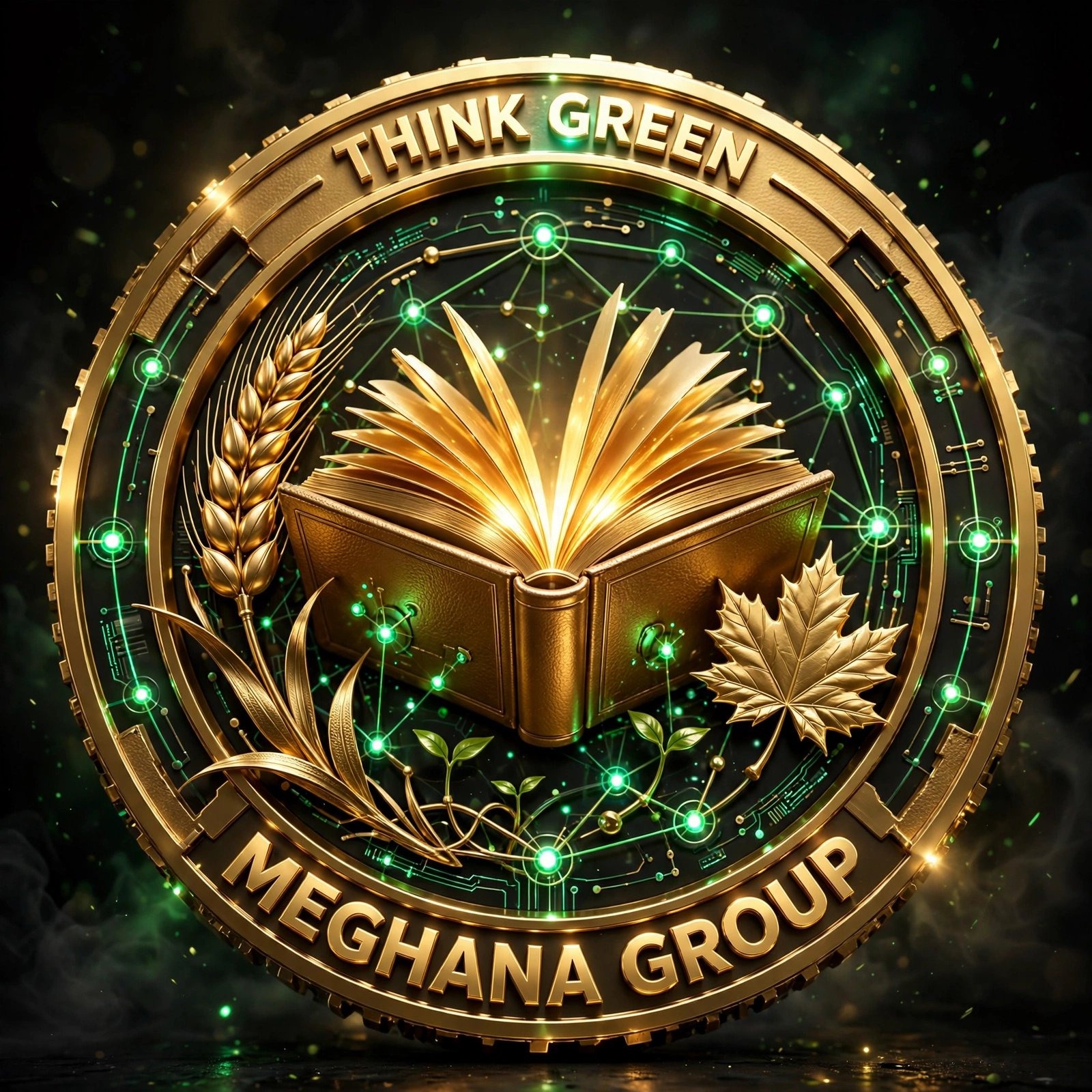 Meghana Group gold emblem with an open book, wheat ear and maple leaf