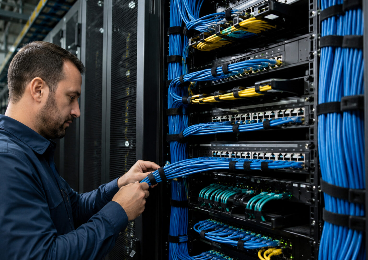 Technician organizing blue Cat6 patch cables across switches and patch panels in a server rack