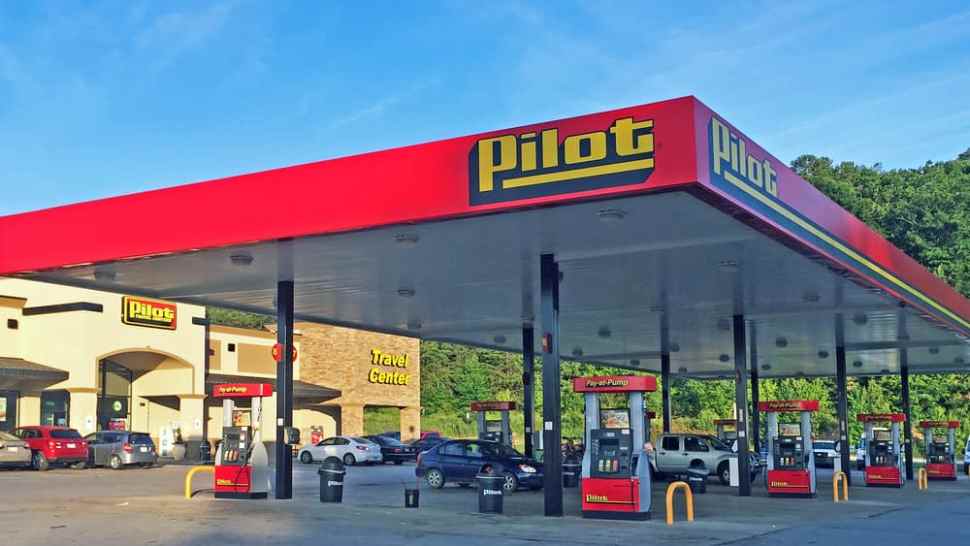 Pilot truck stop fuel station with multiple diesel pump lanes